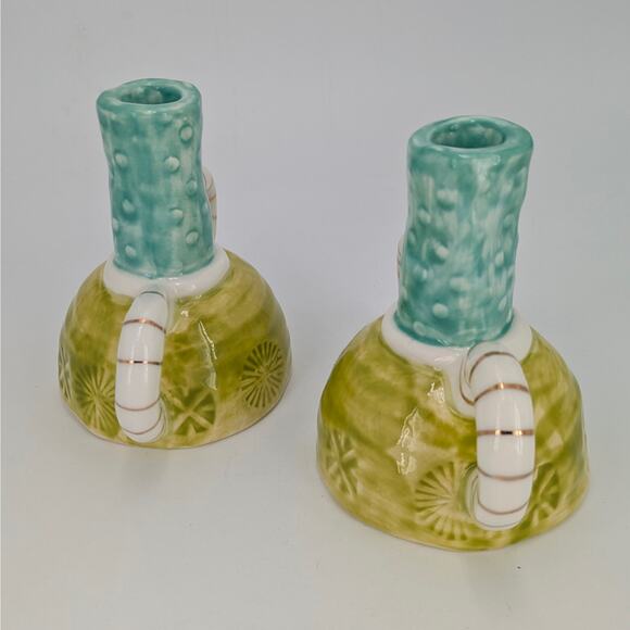 Artisan Stoneware Taper Candle Holders Dual Handles Whimsical Teal Lime Gold Set - Picture 5 of 12